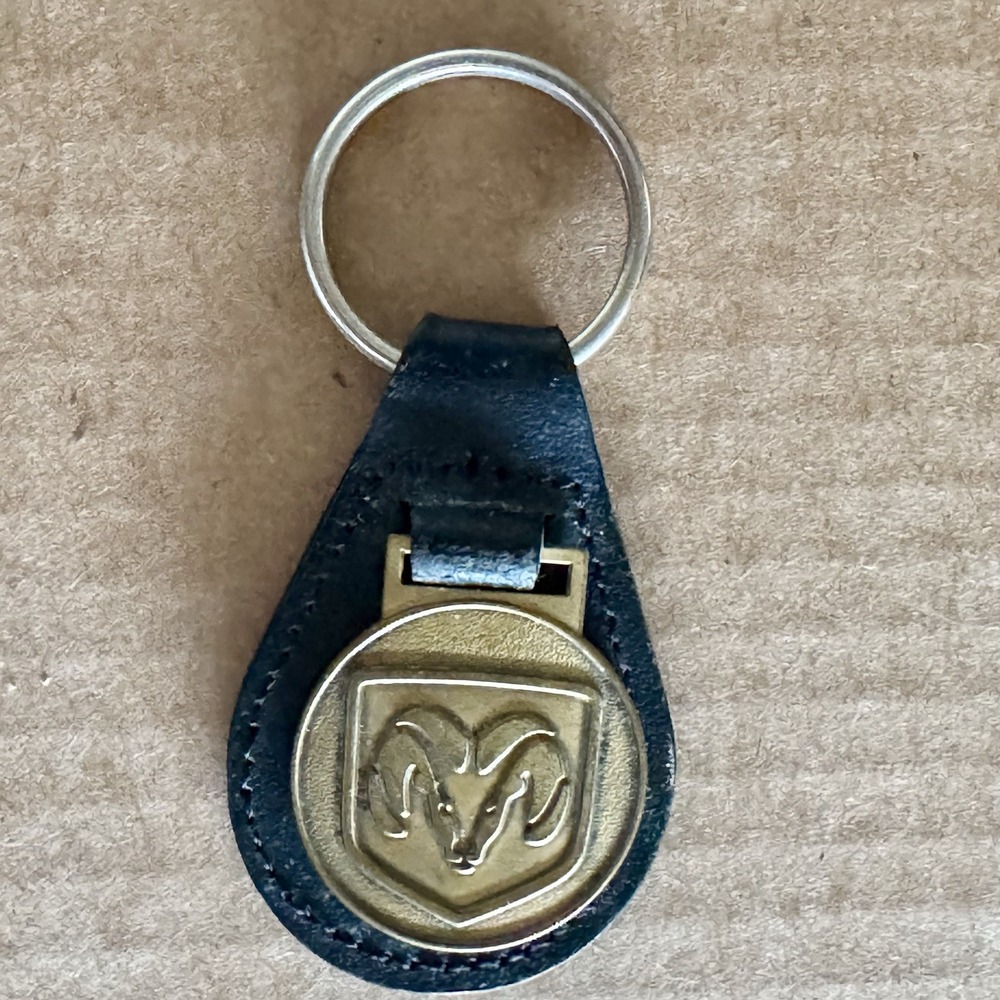 Dodge RAM Emblem Black Leather Keychain Key Ring Brass Tone 1990s Vintage